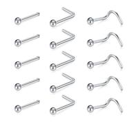 Crdifu 18G Silver Nose Studs Ball End, 7mm Nose Screw Stud Stainless Steel, 1mm Thin L Shape Nose Bone for Women Men, 15Pcs Nose Piercing, Nostril Piercing Jewellery Gift 15 in 1 Pack