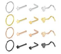 Crdifu 20G 7mm Nose Studs 8mm Nose Rings Silver Gold, 0.8mm Thin Nose Stud Flat Back, L Shape Corkscrew Nose Piercing Stainless Steel Heart Star, Black Nose Hoops Nostril Piercing Set Straight Curved
