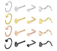 Crdifu 20G 7mm Nose Studs 8mm Nose Rings Silver Gold, 0.8mm Thin Nose Stud Heart Flat Back, L Shape Corkscrew Nose Piercing Stainless Steel, Tiny Black Nose Hoops Nostril Piercing Set Straight Curved