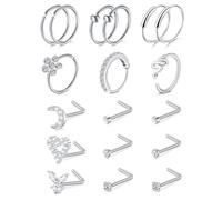 Crdifu 20G 8mm Nose Rings 7mm Nose Studs Silver Gold Plain Butterfly Heart | 0.8mm Nose Piercing Jewellery 316L Stainless Steel, L Shape Nostril Studs Nose Bone Rings for Women Men Seamless Twist Spiral