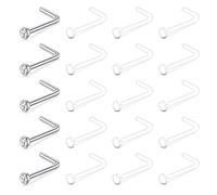 Crdifu 20PCS 22G Clear Nose Studs Retainer Set for Work School MRI Surgery Safe 7mm Bar, 0.6mm Thin L-Shape Nose Piercing Studs 316L Surgical Steel CZ & Invisible UV Nostril Retainers Plastic Flat Top