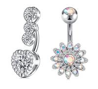 Crdifu 6mm Belly Bars Silver Gold 14G Heart Flower 316L Stainless Steel | 1.6mm Gauge Belly Button Bar Set AB CZ Crystal Sunflower Halo Set, Iridescent Navel Piercing Jewellery for Women