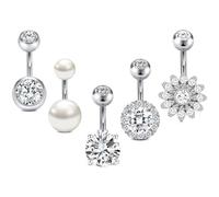 Crdifu 6mm Belly Bars Silver Gold 14G Heart Flower 316L Stainless Steel | 1.6mm Gauge Belly Button Bar Set AB CZ Crystal Sunflower Halo Set, Iridescent Navel Piercing Jewellery for Women