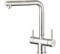 CREA 3 Way Kichen Water Filter Tap with Pull Out Sprayer, 3 in 1 Taps for Kitchens Sink 360° Swivel,Triflow Kitchen Tap with 2 Lever, Stainless Steel