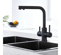 CREA 3-Way Kitchen Tap Black, 360° Swivel Kitchen Fitting, 3-in-1 Mixer Tap for Water Filter, Drinking Water Tap with 2 Levers, Three-Way Fitting Made of Stainless Steel, Matte Black