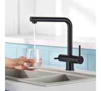 CREA 3-Way Kitchen Tap Extendable, Drinking Water Tap Kitchen with Shower, Kitchen Tap with 2 Levers, 3-Way Fixture Kitchen, 3-in-1 Mixer Tap, Sink Fixture Kitchen for Water Filter, Matte Black