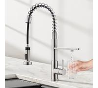 CREA 3 Way Kitchen Tap, Kitchen Sink Tap with Pull Out Sprayer Commercial Single Handle Lever Spring Water Filter Brushed Stainless Steel UK Standard