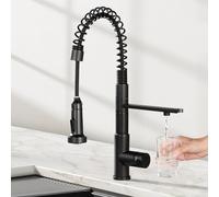 CREA 3 Way Kitchen Tap, Kitchen Sink Tap with Pull Out Sprayer Commercial Single Handle Lever Spring Water Filter Black Stainless Steel UK Standard