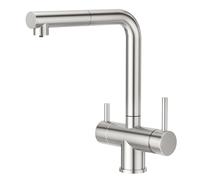 CREA 3-way kitchen tap with spray nozzle, 360° swivel kitchen fixture, three-way mixer tap for water filter, drinking water tap with 2 levers, 3-in-1 sink fixture, stainless steel