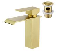 CREA Bathroom Tap Waterfall, Single Handle Bathroom Sink Mixer tap, One Hole Monobloc Basin Tap with Pop Up Drain, Brushed Gold
