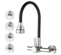 CREA Kitchen Wall Tap with Black 360° Flexible Silicone Soft Hose, Single Lever Mixer Tap for Sink Kitchen with 4 Water Jets Shower Head, Brushed Stainless Steel