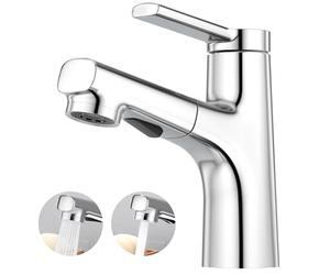 CREA Pull Out Bathroom Mixer Basin Tap, One Hole Monobloc Single Lever with Extendable 2 Functions Sprayer, Brass Chrome Polished Finish, UK Standard
