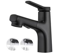CREA Pull Out Bathroom Mixer Basin Tap, One Hole Monobloc Single Lever with Extendable Sprayer, Chrome Black