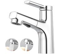 CREA Pull Out Bathroom Mixer Basin Tap, One Hole Monobloc Single Lever with Extendable Sprayer, Chrome Polished