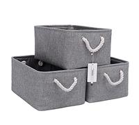 CREADARD Fabric Storage Basket Set of 3, Foldable Linen Storage Box for Nursery and Home, Collapsible Canvas Shelf Basket for Wardrobe or Bedroom, Grey