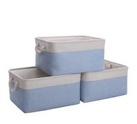 CREADARD Small Storage Box with Cotton Handles, Fabric Foldable Linen Canvas Wardrobe Storage Baskets for Living Room, Laundry Room, Kids Room and Bedroom (BlueWhite 3pcs)