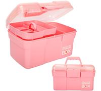 Creahaus 11in Multipurpose Storage Box with Removable Tray, Plastic Small Storage Box with Handle, Portable Art Craft Organizer Case for Sewing, Makeup, Medicine, Nail, Hair Accessories (Pink)