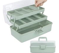 Creahaus 14in 3 Layer Multipurpose Storage Box/Craft Storage Boxes With Compartments/Plastic Tool Box/Medicine Storage/Hair Accessories Organiser/Sewing Box with 2 Trays (Green)