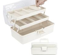 Creahaus 14in 3 Layer Multipurpose Storage Box/Craft Storage Boxes With Compartments/Plastic Tool Box/Medicine Storage Box/Hair Accessories Organiser/Sewing Box with 2 Trays (White)