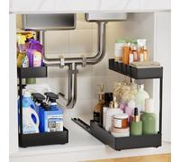 Creahaus 2 Pack Under Sink Organizer with Metal Slides, 2-Tier Kitchen Bathroom Organizers and Storage, Pull Out Cabinet Organizer for Kitchen Sink Organiser, Cupboard Storage