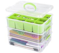 Creahaus 3 Layer Plastic Stackable Storage Boxes with Lid & Removable Tray,Storage Containers Multipurpose Portable Clear Organizer Carry Box for Organizing Art Craft,Sewing, Bead, Tool (Green