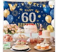 Creaher 60th Birthday Backdrop Banner Blue Gold, Happy 60th Birthday Sign Poster, Fabric Backdrop 70.8 X 43.3Inch, Ribbon Roll, Polyester, Navy Blue, Gold