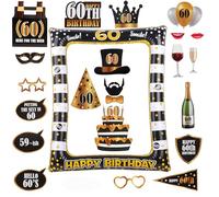 Creaher 60th Birthday Party Photo Props, 24PCS Black Gold Inflatable Photo Booth Frame & Props, Birthday Decorations