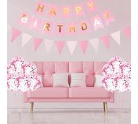 Creaher Birthday Bunting Banner Balloons Happy Decor, 15Pcs Balloon With Pink Confetti & Triangle Flag Garland Girls Boys Party Decor (LJX-Balloons 5)