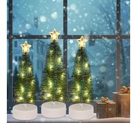 Creaher Mini Cedar Christmas Tree Snow Frost Sisal Trees 3pcs, Miniature Pine Tree Xmas Tree with Lights Frost Trees Bottle Brush Trees for Home Office Desk Christmas Decor