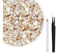 Creaher Mix Flat Back Pearls and Rhinestones 50g Flat Back Rhinestone with Wax Pen and Tweezers, Crafts Flatback Pearls Rhinestones for Crafts, Clothing, DIY Decoration (Gold)