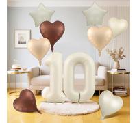 Cream 10 Balloons Decor, Beige Nude Apricot Brown Tan Foil Star Heart Balloons, 40'' White Sand Helium Neutral Number 10 Balloon (10th)