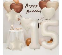 Cream 15 Balloons Decor, Beige Nude Apricot Brown Tan Foil Star Heart Balloons, 40'' White Sand Helium Neutral Number 15 Balloon (15th)