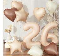 Cream 26 Balloons Decor, Beige Brown White Sand Foil Star Heart Balloon, Large Helium Nude Tan Boho Neutral Number 26 Balloon for Women 26th Birthday Wedding Anniversary Party Decoration Supplies