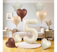 Cream 5 Balloons Decor, Beige Nude Apricot Brown Tan Foil Star Heart Balloons, 40'' White Sand Helium Neutral Number 5 Balloon (5th)