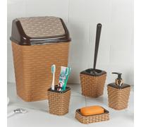 URBNLIVING 5 Pc Rattan Bathroom Bin Toilet Bowl Brush Toothbrush Soap Dispenser Holder Set (Cream)