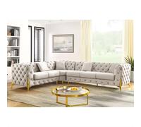 (Cream, 6 Seater Right Hand Facing) SNOOZE Online Chesterfield 3 and 2 Seater Sofa Sets, Corner Sofas For Living Room, Upholstered Plush Fabric 3 Seater Velvet Sofas