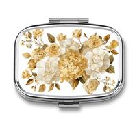 Cream and Gold Hydrangeas and Roses Pill Box 2 Compartment Portable Medicine Pill Case Travel Pill Organizer for Pocket Purse