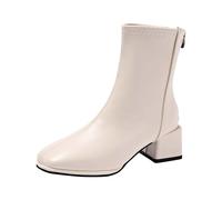 Cream Ankle Boot, Ankle Short Boots Winter Cream Boots Ladies Soft Mid Low Block Heel Chunky Chelsea Booties Back Zip Women’S Chic Ankle Boots with Square Toe and Chunky Heels for Evening Wear
