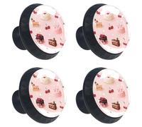 Cream Birthday Cake and Strawberries Cabinet Knobs, 35mm Round Glass Knobs for Dressers and Drawers, Decorative Handles Pulls for Home Kitchen Bedroom, 4 Pack