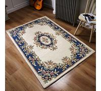 (CREAM BLUE, 200 x 285 cm) Traditional Pure Wool Rugs Hall Runner Round Circle Half Moon Mat Small Extra Large Carpet Eco Friendly Handmade
