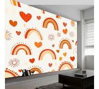 Cream Bohemian Style Rainbow Hearts Wall Mural Wallpaper - Non-Woven Decorative Wallpaper, Premium Wall Print Art for Living Room Bedroom Decoration Poster, W200 x H140 cm