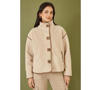 Cream Borg High Neck Jacket With Faux Leather Trims Yumi Cream 14