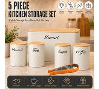 Cream Bread Bin & Tea Coffee 5Pcs Canister Set