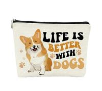 Cream Canvas Cosmetic Bag for Toiletries & Makeup with Dog Paw Print Design & Corgi Illustration - Durable Zipper Pouch Travel Organiser, Women's Best Friend Birthday Gift for Dog Lovers & Pet Owners