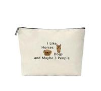 Cream Canvas Zippered Pouch with 'I Like Horses Dogs and Maybe 3 People' Print - Textured Makeup and Toiletries Bag for Women, Dog and Horse Lovers, Animal Theme Organizer for Travel, Home, or Work