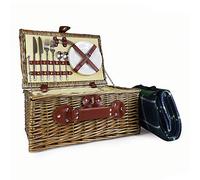 Cream Chiller 2 Person Picnic Basket Wicker and Green Blanket with Built In Chiller Compartment and Accessories - Gifts for Christmas, Mum, Birthday, Valentines, Mothers Day, Wedding, Anniversary