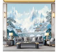 Cream Chinese Style Wallpaper - Snow-Capped Mountains Small Bridge Trees Print Paste The Paper Application, 300 x 210 cm for Walls Living Room Lounge Bedroom Hallway Feature Wall