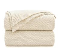 Cream Cotton Cable Knit Throw Blanket for Couch Sofa Bed, Home Decorative Lightweight Woven Throw Blankets with Bonus Laundering Bag, 3.4 Pounds 60 x 80 Beige