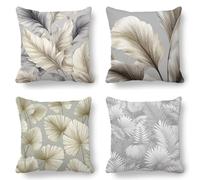 Cream Cushion Covers 30x30 cm Pack of 4, Leaves Cushions Double Sided Print, Soft Hypoallergenic Outdoor Garden Cushions Waterproof Square Velvet Cushion Covers, Decorative Pillows for Sofa K-826