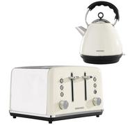(Cream) Daewoo Kensington Retro Electric Matching Toaster and Kettle Set 1.7L Rapid Boil 4 Slice Vintage Combo Bundle Pack Stainless Steel Range Combo